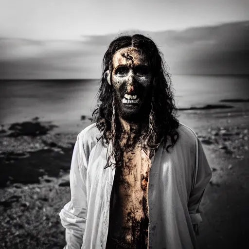 Image similar to middle eastern zombie man in the sky with long hair, canon eos r 3, f / 1. 4, iso 2 0 0, 1 / 1 6 0 s, 8 k, raw, unedited, symmetrical balance, wide angle