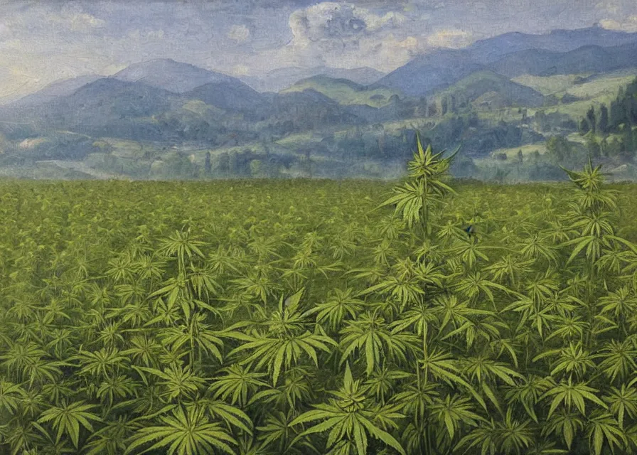 Image similar to cannabis fields in italian landscape, oil painting