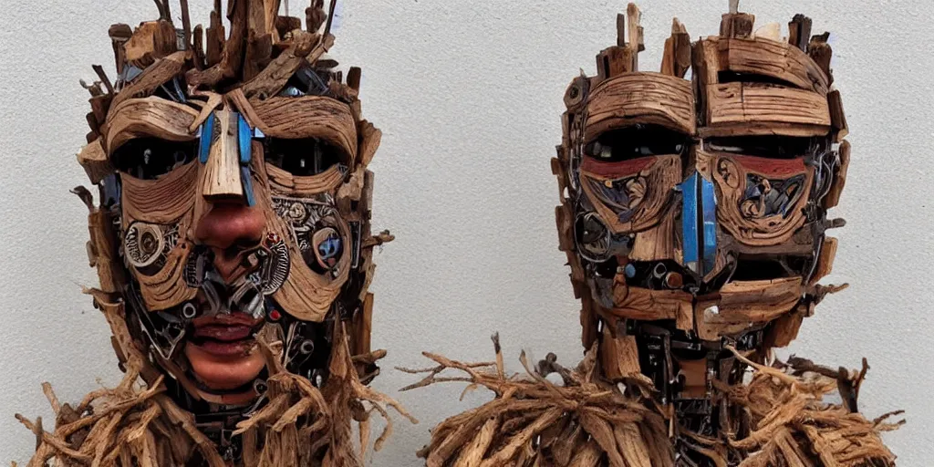 Prompt: a beautiful cyborg made of ceremonial wood maske