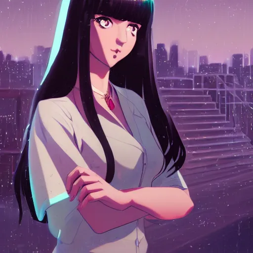 Image similar to a portrait of a beautiful girl with long black hair and bangs, wearing 1940's fashion, she has dark brown eyes and pale skin, she is facing towards the camera, city at nightime background, low-key neon lighting, 4k, HQ, official media, anime key visual, makoto shinkai, ilya kuvshinov, lois van baarle, rossdraws, detailed, trending on artstation