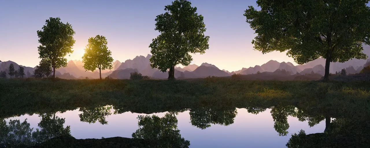 Prompt: big realistic tree near to a river on sunset with reflection on the leaves and mountains in the background, landscape, extremely high fidelity, 8 k, super resolution, concept art, cinematic view, super resolution, unreal engine 5, perspective 3 d octane render, 8 k, light rays, lens flare, epic, hyperdetailed