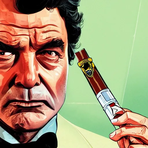 Image similar to GTAV cover art of Columbo holding a cigar