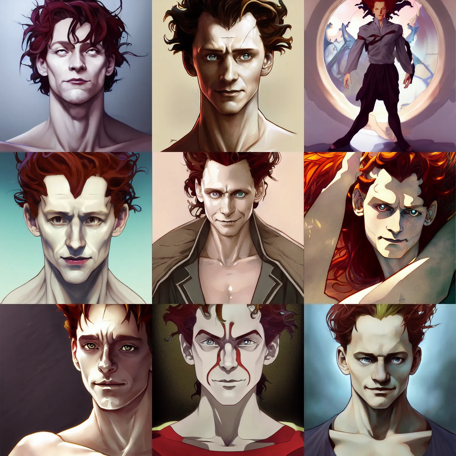 Prompt: hisoka, young tom hiddleston, cel - shaded animesque art by artgerm and greg rutkowski and alphonse mucha, smooth white skin, smirking face, narrowed eyes, reddish hair, d & d, fantasy, feminine portrait, highly detailed, digital painting, trending on artstation, concept art, sharp focus, illustration