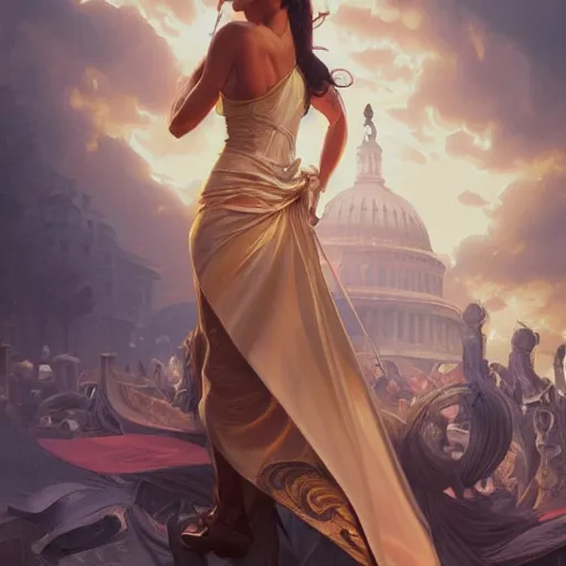 Image similar to ultra realistic illustration, alexandria ocasio - cortez politician, intricate, elegant, highly detailed, digital painting, artstation, concept art, smooth, sharp focus, illustration, art by artgerm and greg rutkowski and alphonse mucha