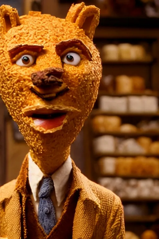 Prompt: film still of steve buscemi made out of bread in the fantastic mr fox, 4 k