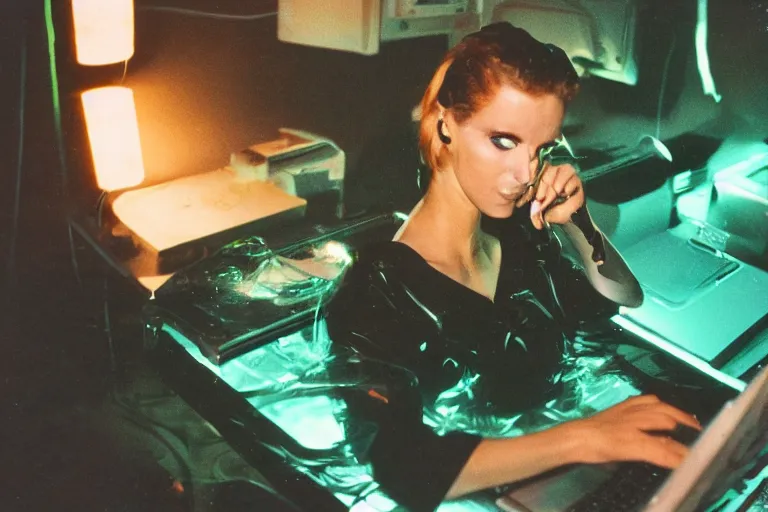 Image similar to handsome alien woman using a computer submerged in translucent goo, in 1 9 8 5, y 2 k cybercore, industrial low - light photography, in the style of terry richardson