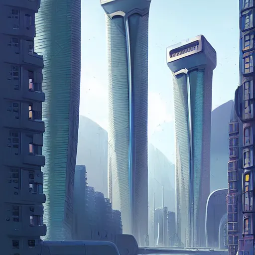 Image similar to tall futuristic buildings by Raphael Lacoste and Simon Stålenhag