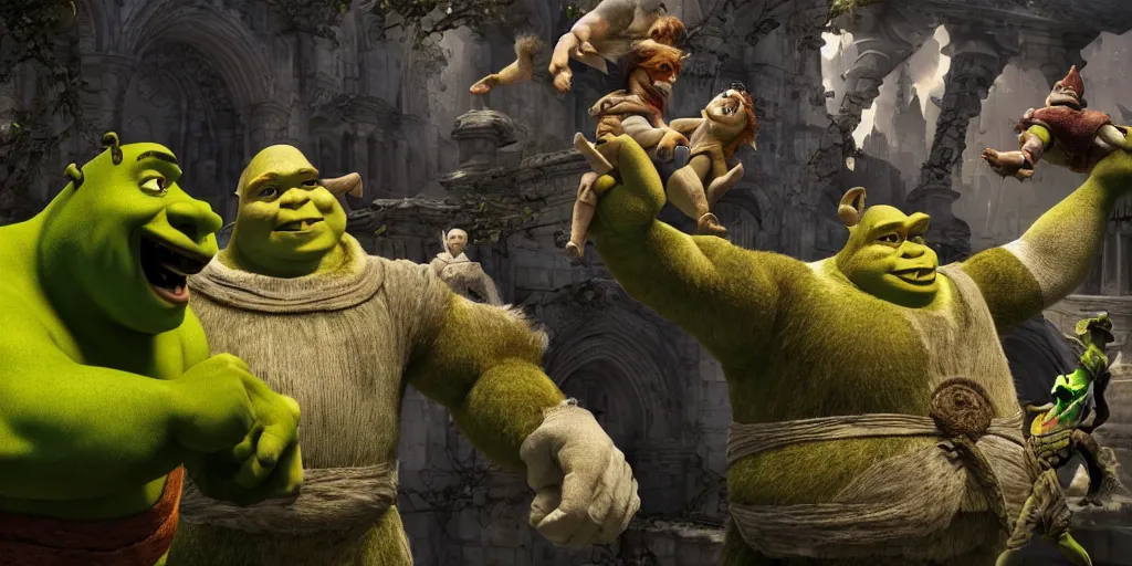 Image similar to shrek versus god, marble, realistic 4 k octane beautifully detailed render, 4 k post - processing, highly detailed, intricate complexity, epic composition, magical atmosphere, cinematic lighting, masterpiece, ultra hd