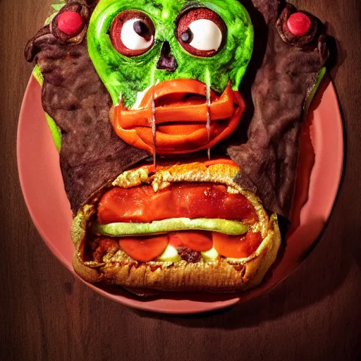 Image similar to a humanoid bipedal upright zombie that strongly resembles a hamburger, professional food photography