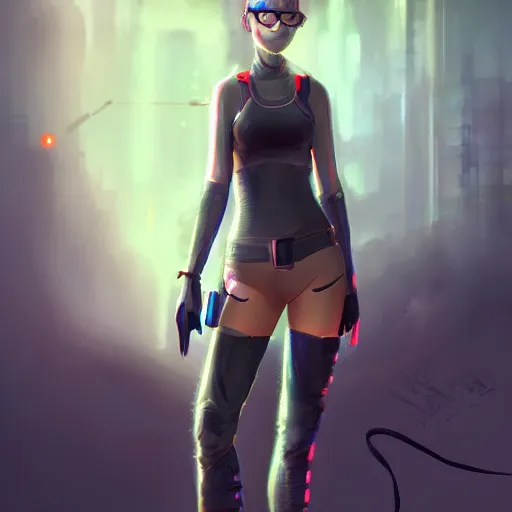 Prompt: concept art of a young cyberpunk girl with short white hair and black rimmed glasses. Trending on artstation.