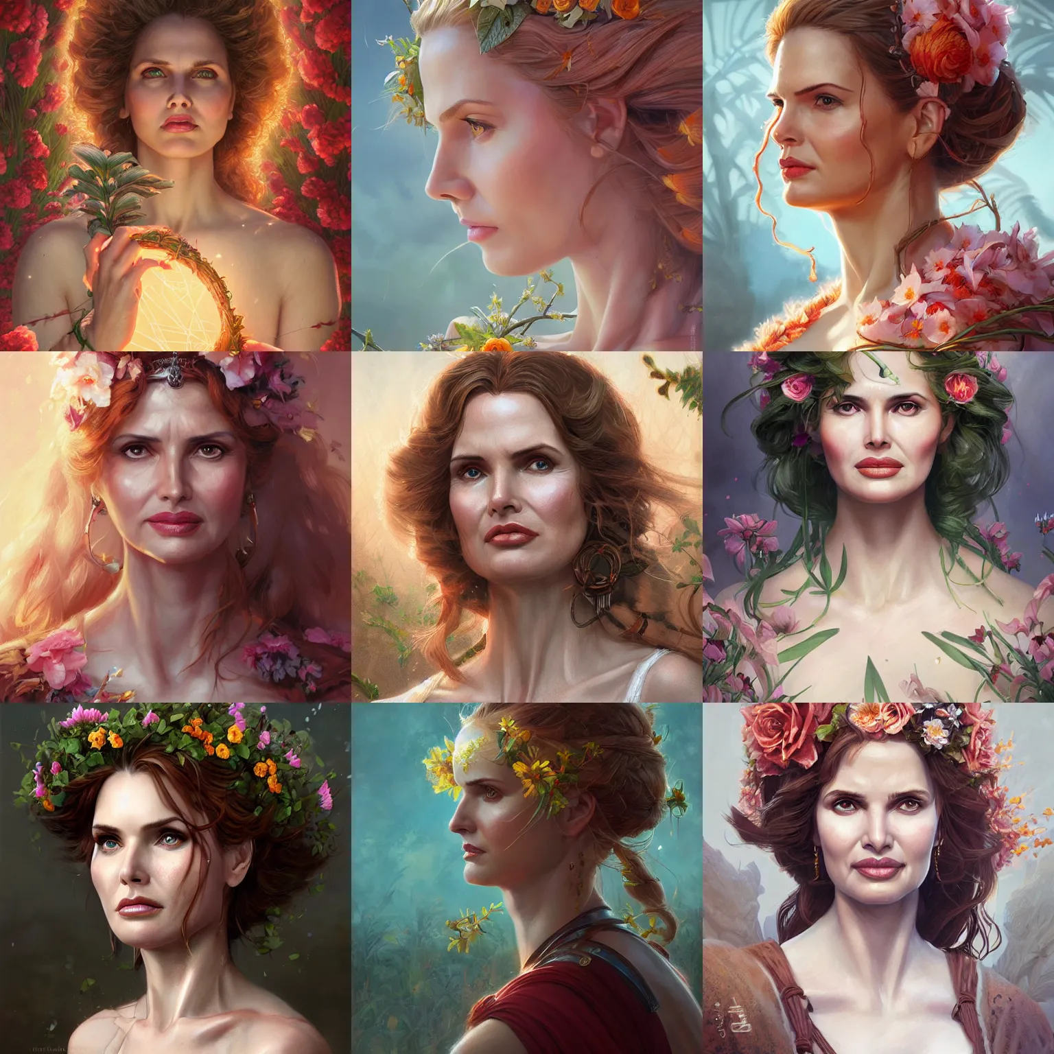 Prompt: demeter, geena davis, floral, summer, d & d, fantasy, portrait, highly detailed, digital painting, trending on artstation, concept art, sharp focus, illustration, art by artgerm and greg rutkowski and magali villeneuve