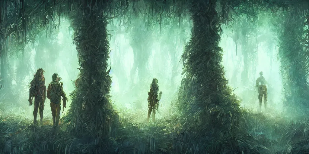 Prompt: reed - people hidden in futuristic spiritual mystical post apocalyptic forest drawn by ron gilbert, dim painterly volumetric aquatic lighting, beautiful, crisp, artstation, highly detailed