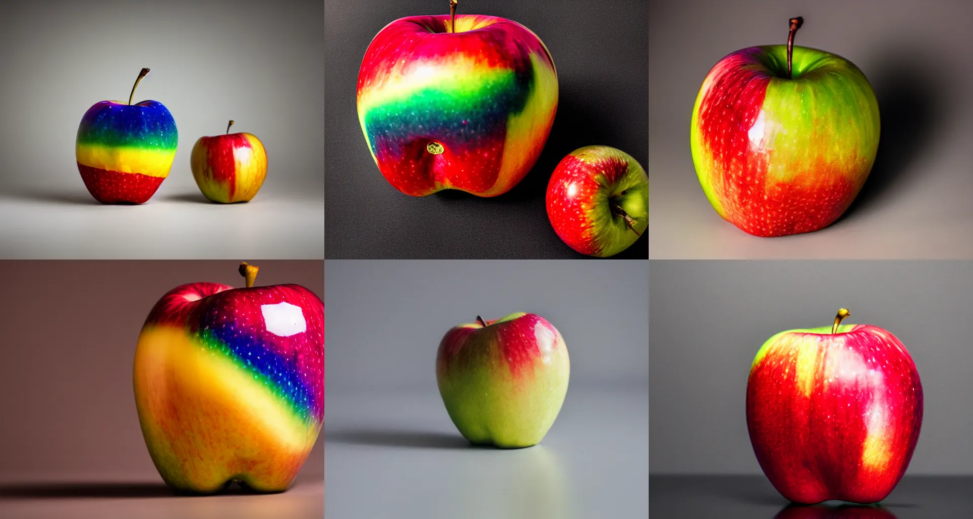 Prompt: Photograph of a rainbow apple, studio lighting, 35 mm