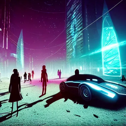 Image similar to photo of sci-fi citizens and vehicles, holographic trees, on the Moon, long shadows, in a Russian cyberpunk city called Neo Norilsk, pitch black sky with stunning bright stars, bright sun, high contrast, diverse outfits, lively, freaky, black sky full of stars, LEDs, holograms, blinding bright sun, sci-fi, cyberpunk outfits, photorealistic, grainy, 35mm, intricate, very very beautiful, elegant, smooth, cinematic, Unreal Engine 5, by Beeple