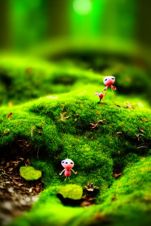 Image similar to pikmin on a mossy forest floor, tilt shift photography