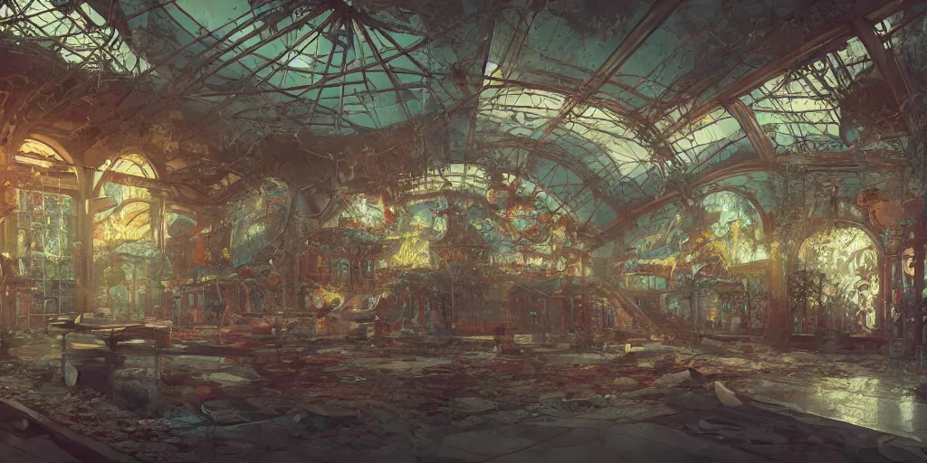 Prompt: abandoned amusement park interior design, Moebius, Greg Rutkowski, Zabrocki, Karlkka, Jayison Devadas, Phuoc Quan, trending on Artstation, 8K, ultra wide angle, pincushion lens effect.