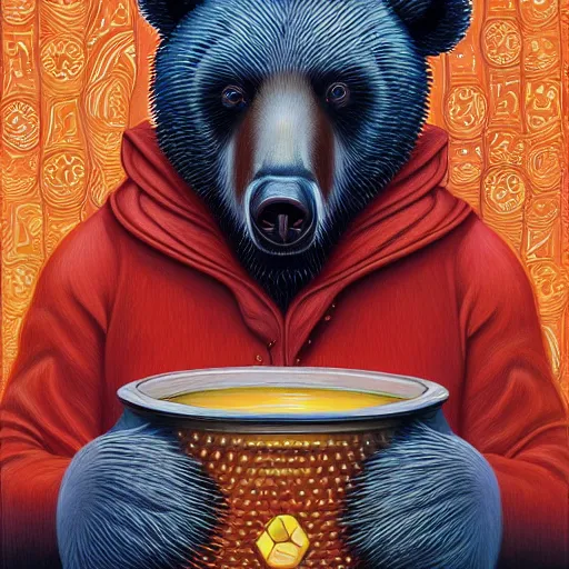 Image similar to bear eating grom a honey pot by casey weldon and martine johana, rich colors, intricate, elegant, highly detailed, centered, digital painting, artstation, concept art, smooth, sharp focus, illustration