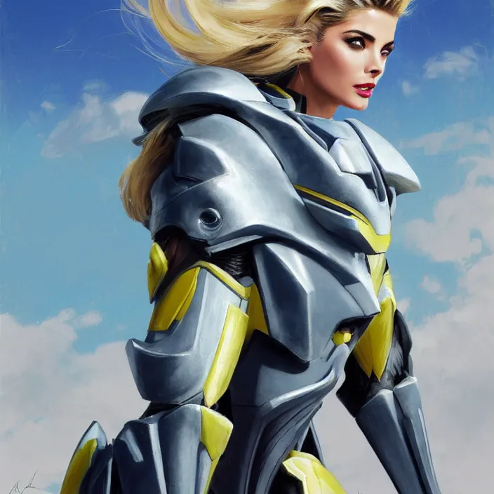 Image similar to A combination of Adriana Dxim's and Grace Kelly's and Ashley Greene's appearances with blonde hair wearing Interceptor's armor from Anthem, countryside, calm, fantasy character portrait, dynamic pose, above view, sunny day, thunder clouds in the sky, artwork by Jeremy Lipkin and Giuseppe Dangelico Pino and Michael Garmash and Rob Rey and Greg Manchess and Huang Guangjian, very coherent asymmetrical artwork, sharp edges, perfect face, simple form, 100mm