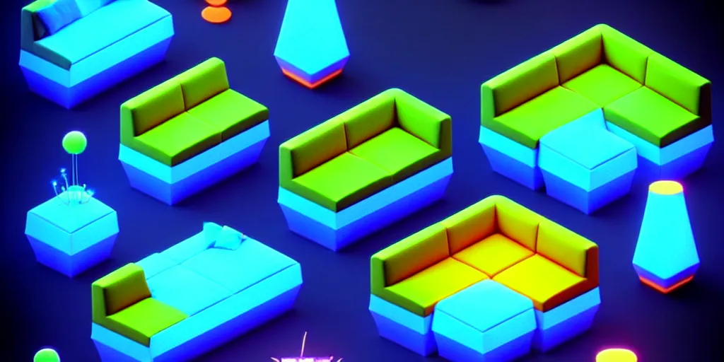 Image similar to isometric object is a low poly isometric sofa with alien aesthetic inspired by pandora in the avatar movie, it has bioluminescent plants growing on top of it, beautiful neon orange - yellow with blue hints and it's bedecked with some sparkling crystals all over the place. a dark place, night isometric ambient black background neon. behance, pinterest