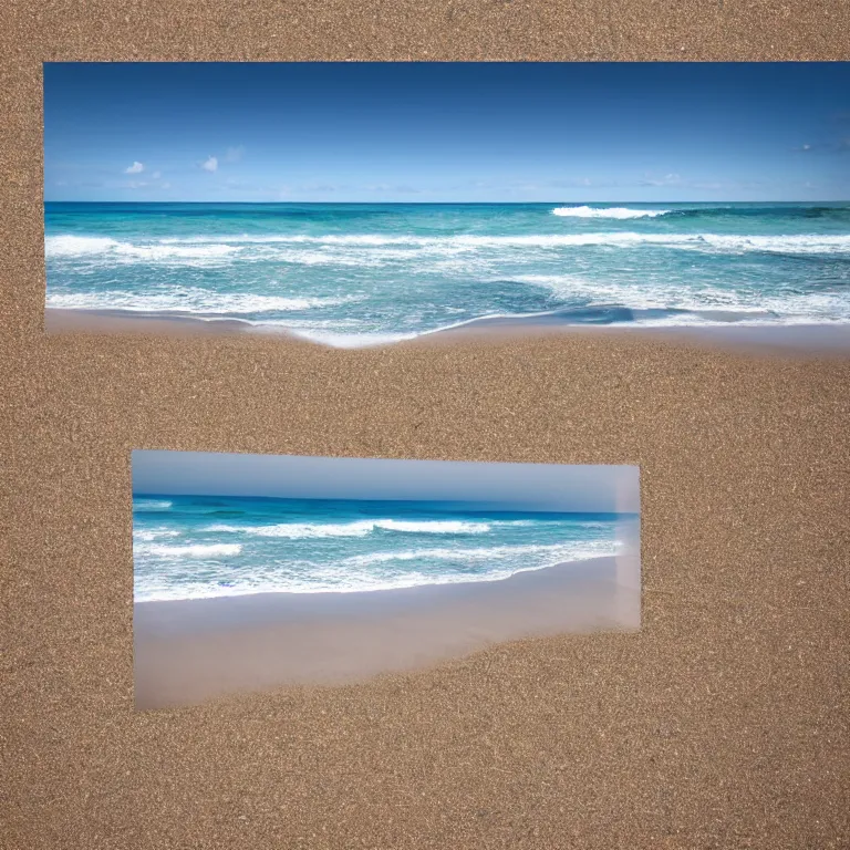 Image similar to surreal hyperrealistic photograph of a beach, shot toward the ocean