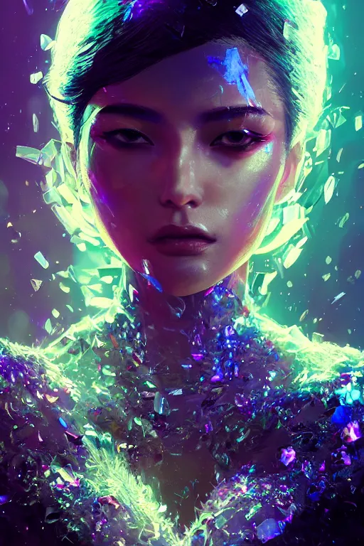 Image similar to A fancy portrait of a crystalized women by Greg Rutkowski, beeple, Sung Choi, Mitchell Mohrhauser, Maciej Kuciara, Johnson Ting, Maxim Verehin, Peter Konig, final fantasy, macro lens , 8k photorealistic, cinematic lighting, HD, high details, dramatic, dark atmosphere, trending on artstation