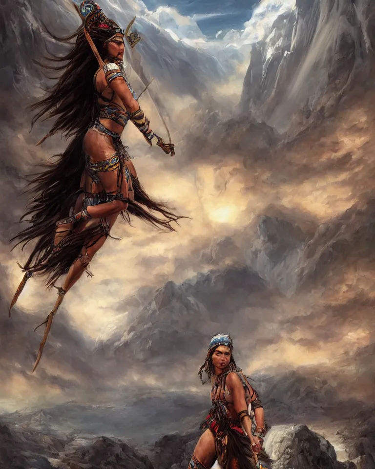 Prompt: painting of a south american mapuche goddess over the abyss, highly detailed, digital painting, artstation, concept art, smooth, sharp focus, illustration, art by gabriele dell otto, 8 k