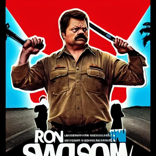 Image similar to Movie poster, Ron Swanson as Rambo, wearing red sweatband, high quality art