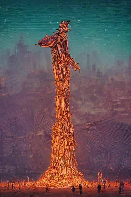 Prompt: a detailed digital neon illustration of the tall wooden burningman effigy in the style of dan mumford. maya render, greg rutkowski , psychedelic, fantasy, 8k, 3d render, intricate, symmetry, cinematic, hyper realism, high detail, 8k, iridescent accents