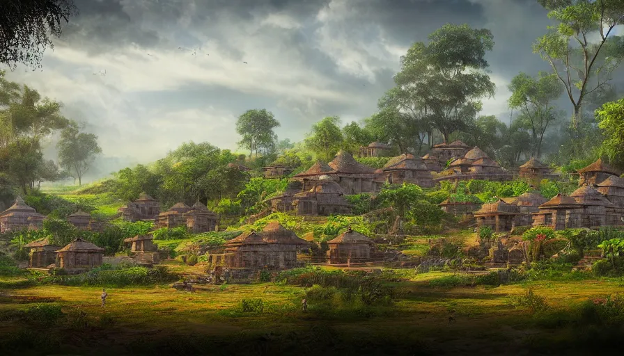 Image similar to matte painting of a beautiful dvaravati village, digital art, trending on artstation