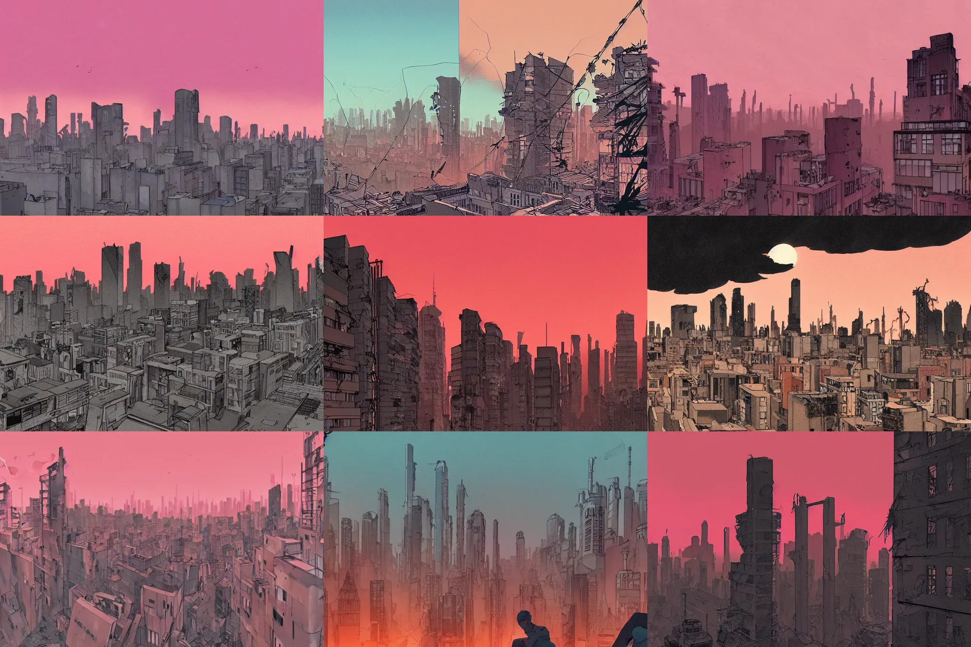 Prompt: a drawing of a bunch of ruined city buildings suspended in the air, red sky in the background, smoke. a comic book panel by tomer hanuka, featured on pixiv. brutalism, dystopian apocalypse art. contrasting colours.