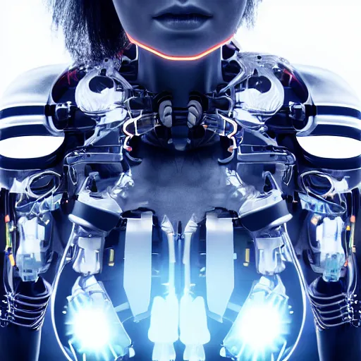 Prompt: beautiful Fine art photography portrait of a solarpunk half robot half human girl with real human face, led lights over lower chest, highly detailed, photorealism, cinematic lighting 8k