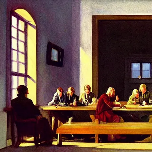 Image similar to ultra-detailed painting of the Fellowship of the Ring meeting at Elrond's house in the style of Edward Hopper