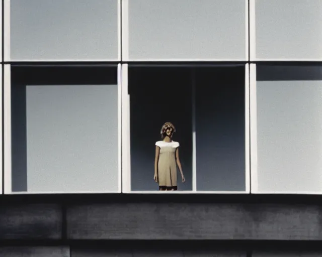 Image similar to a still of a woman standing behind a huge square white balcony, outside view, clear sky, minimalist composition, color music video Wrapped Around your Finger (1983)