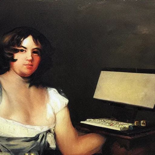 Prompt: a painting by Francisco de Goya of an RGB gaming pc, 1820 Romanticism painting, RGB gaming pc