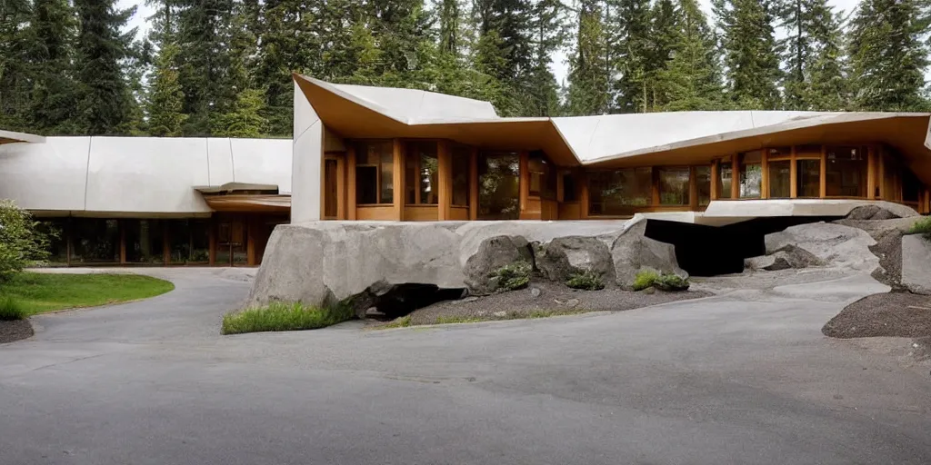 Prompt: large futuristic residence, pacific northwest, cedar and white concrete, many large windows, triangular elements designed by frank lloyd wright