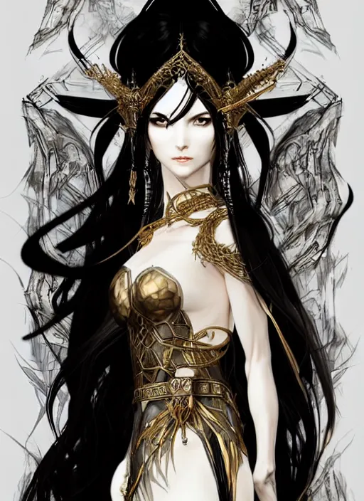 Image similar to Half body portrait of a beautiful elven healer with long straight black hair wearing ornate white and gold attire. In style of Yoji Shinkawa and Hyung-tae Kim, trending on ArtStation, dark fantasy, great composition, concept art, highly detailed, dynamic pose.