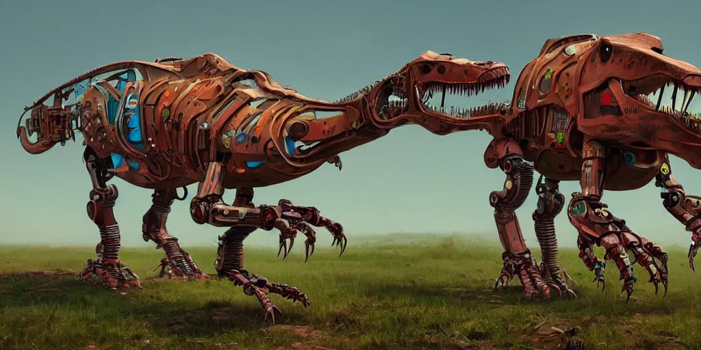 Image similar to a character art rendering of a robot T-rex made of mechanical parts, cartoonish psychedelic paleoart rendering, realistic dinosaur cyborg in the style of simon stålenhag, made with zbrush