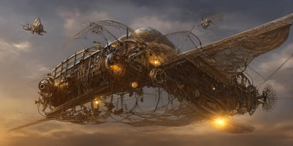 Prompt: steampunk airship hovering over fields and small houses, science fiction digital art, award winning, trending on artstation, digital art. highly detailed 8 k. intricate. lifelike.