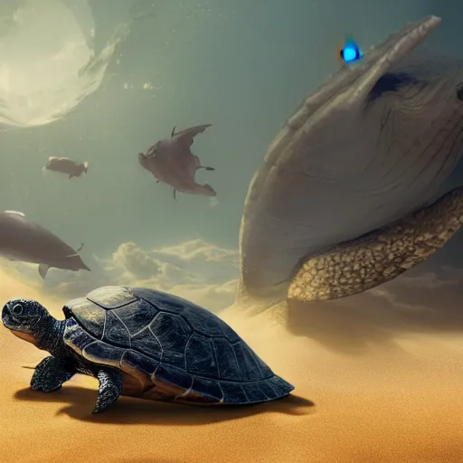 Prompt: a turtle riding on a whale, digital art, highly detailed, intricate, sharp focus, trending on artstation, unreal engine, 8 k resolution, beautiful lighting,