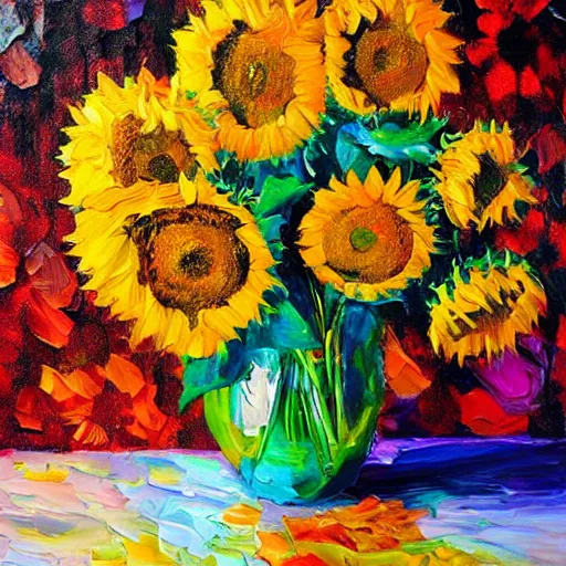 Prompt: beautiful and vivid anastasia trusova impasto acrylic still life painting of a vase of sunflowers and roses