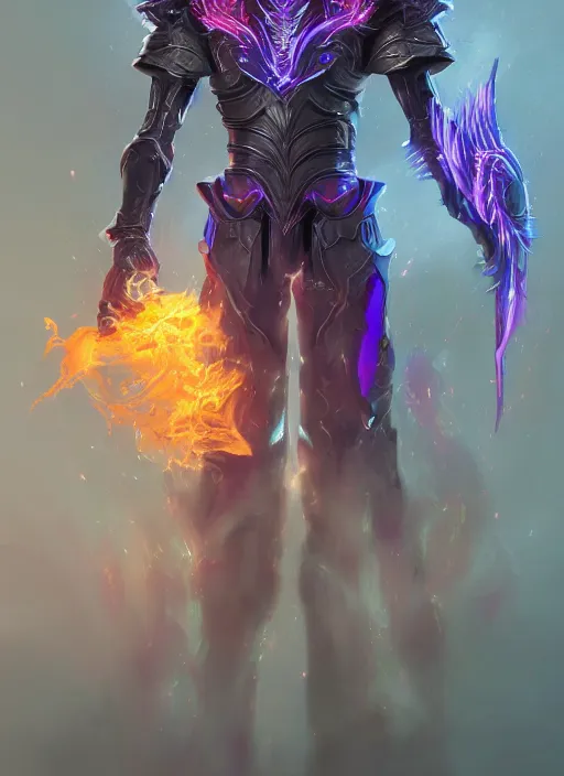 Prompt: a highly detailed illustration of futuristic cyber knight with flowing flaming plume with arm blades, rigid bulky armor, glowing purple line cracks in armor, dramatic standing pose, intricate, elegant, highly detailed, centered, digital painting, artstation, concept art, smooth, sharp focus, league of legends concept art, WLOP