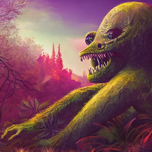 Prompt: creature from another planet in its natural environment. beautiful light and background with vegetation. beautiful detailed digital painting by lurid. ( 2 0 2 2 )
