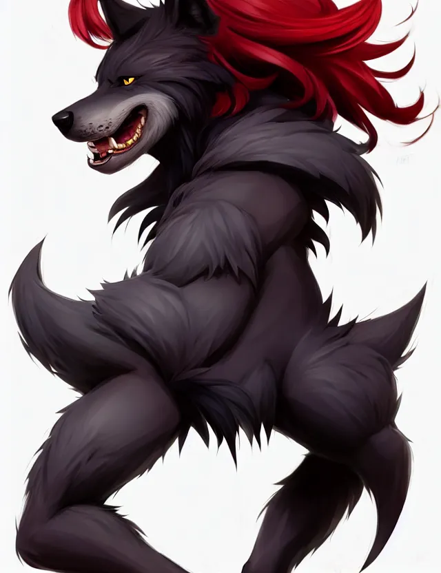 Image similar to character concept art of a black anthropomorphic male furry wolf long red hair | | cute - fine - face, pretty face, key visual, realistic shaded perfect face, fine details by stanley artgerm lau, wlop, rossdraws, james jean, andrei riabovitchev, marc simonetti, and sakimichan, trending on artstation