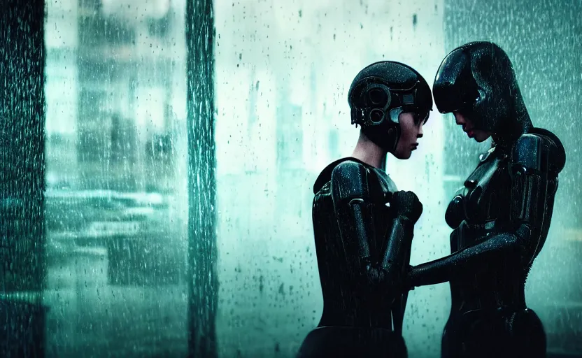 Prompt: cinestill 5 0 d candid photographic portrait by christopher nolan of two loving female androids sobbing wearing rugged black mesh techwear in treacherous city waters, medium closeup, modern cyberpunk moody emotional cinematic, pouring iridescent rain bright spotlight, 8 k, hd, high resolution, 3 5 mm, f / 3 2, ultra realistic faces, ex machina