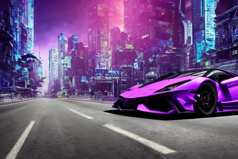 Image similar to hyper detailed purple lamborghini transformer, mecha cyberpunk city street background, 8 k photograph, dramatic lighting,