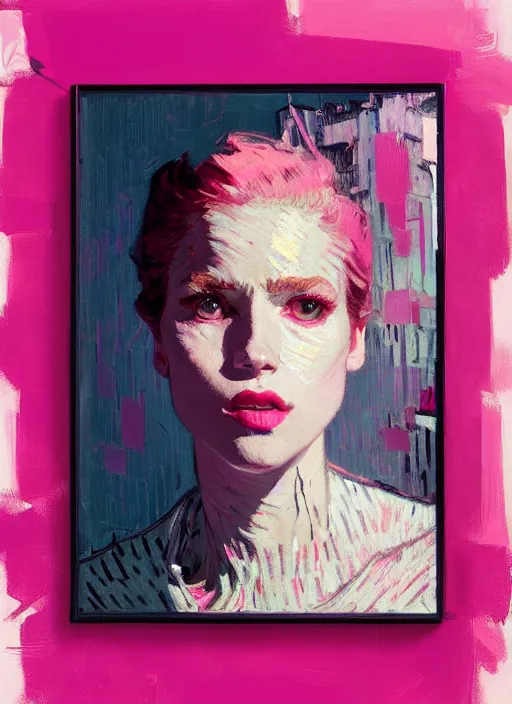 Image similar to portrait of a beautiful girl, putting on lipstick in mirror, shades of pink, beautiful face, rule of thirds, intricate outfit, spotlight, by greg rutkowski, by jeremy mann, by francoise nielly, by van gogh, digital painting