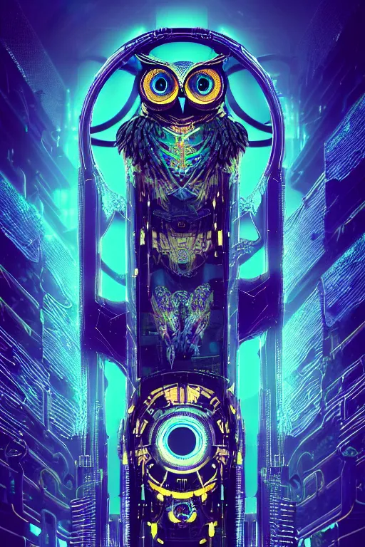 Prompt: a cyberpunk metal hyperdetailed beautiful 4 k hd wallpaper tarot card design, the content of which is a owl head and a cyan background, outside the picture is a cyberpunk mechanical frame, simple and perfect structure, style of victo ngai, james jean, daniel merriam, backlight, elegant, smooth, octane render