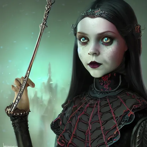 Prompt: wednesday addams as a lich necromancer, made by carvaggio, stanley artgerm lau, wlop, rossdraws, artstation, cgsociety, concept art, cgsociety, octane render, trending on artstation, artstationhd, artstationhq, unreal engine, 4 k, 8 k