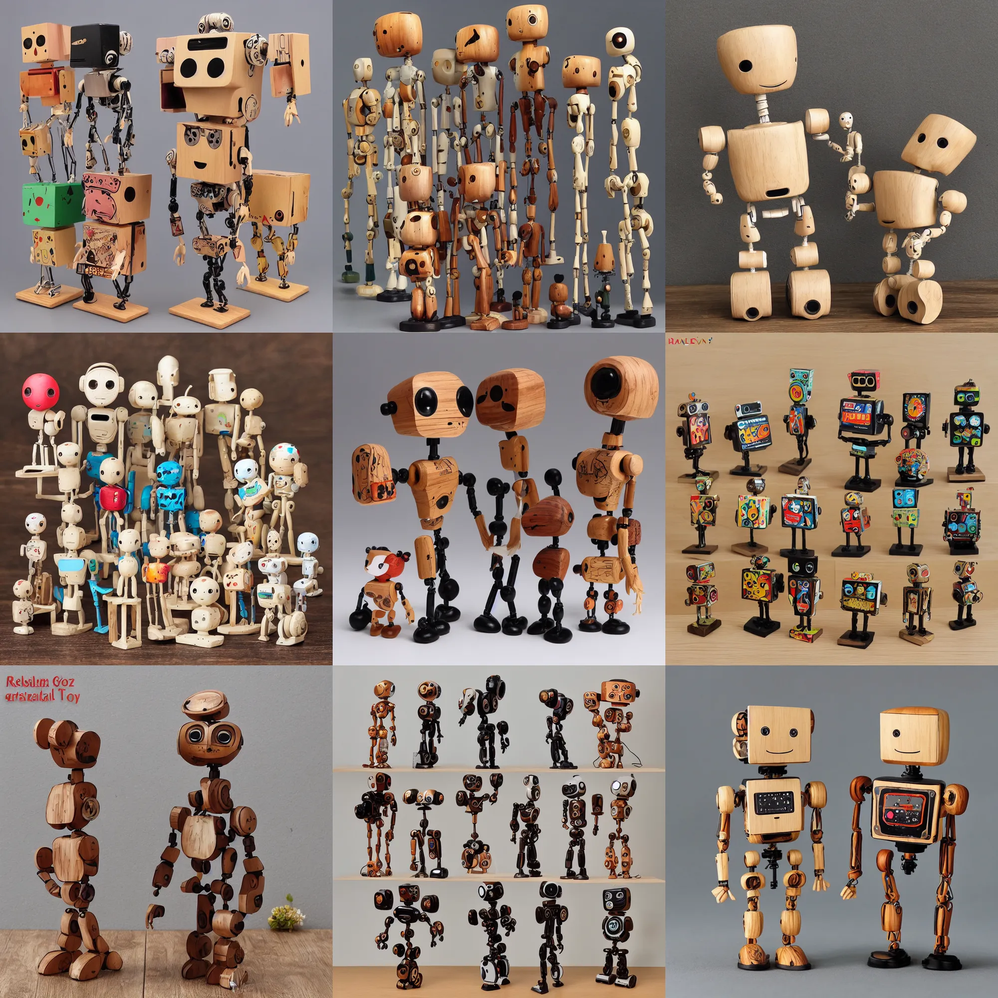 Prompt: realistic a wooden sculpture art toys collection la very cute figurine robot cyberpun style popart