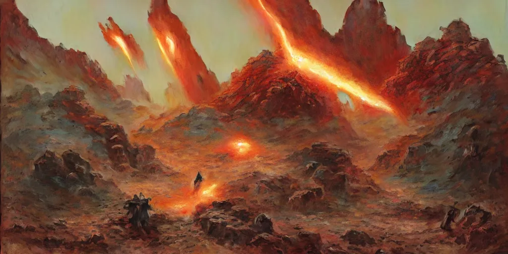 Image similar to supernova, red mountains on mars, sandfalls, ruins, painted by ruan jia, raymond swanland, lawrence alma tadema, zdzislaw beksinski, norman rockwell, jack kirby, tom lovell, alex malveda, greg staples